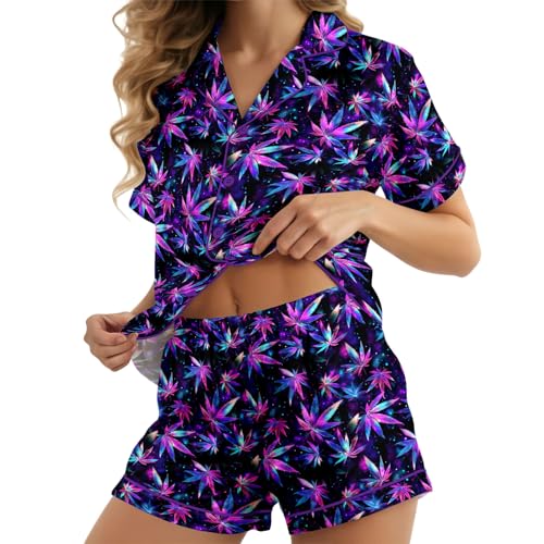 Image of HUNTFAMI Womens Soft Silky Satin Pajamas Set, 2 Pcs Sleep Short Pajamas for Mom and Grandma Button Down Summer Loungewear
