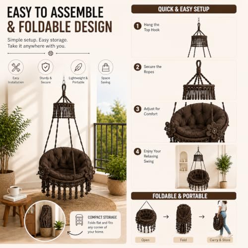 Image of Premium King Size Hammock Chair Swing with Cushion, 200kg Capacity | Indoor Outdoor Heavy Duty Adults & Kids Hanging Jhula for Home, Garden, Patio & Balcony | 1 Year Warranty (Brown)