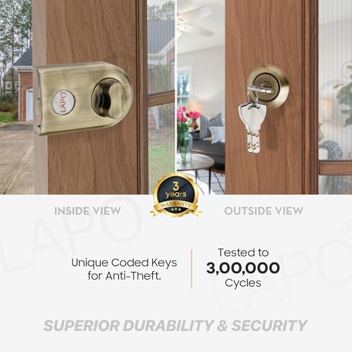Image of LAPO Jimmy Proof Deadbolt Lock with Side Key and Knob, Heavy Duty Security Lock for Single, Double, Sliding Doors, Reversible Lever Knob for Left and Right Opening Doors, Antique Finish
