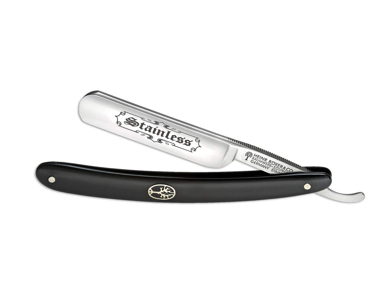 Navaja Afeitar barbero Alemana BÖKER Stainless Black 5/8" Hoja de Acero Inoxidable de 8 cm y empuñadura de Sintetico Negro de 16 cm. Fabricada artesanalmente en Sollingen 140540 Profesional Afeitado