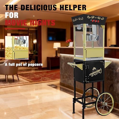 Image of 12 oz Popcorn Machine Cart - Commercial Vintage Popcorn Maker with Storage Stand, Stainless Steel Kettle & Tempered Glass, Ideal for Home Theater, Party Concessions and Carnival Events (Black)