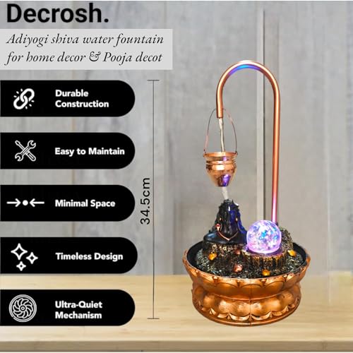 Image of Decrosh Copper Metal Shivling Water Fountain with Crystal Ball for Home Decor Showpiece Tabletop Waterfall Decoration | Indoor & Outdoor (Medium, Adiyogi Fountain)