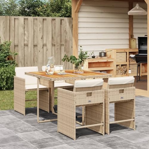 Image of 5-Piece Beige PE Rattan and Acacia Wood Patio Dining Set with 4 Chairs, Compact Foldable Outdoor Furniture for Garden Backyard, Weather-Resistant Cushions and Durable