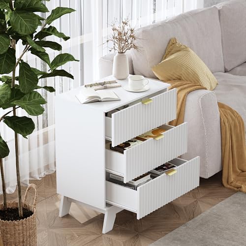 Image of Wodeer White Night Stand with 3 Drawers, Bedside Table & End Table, 24 inch Wide Mid Century Modern Fluted Wood Nightstand with Metal Handles, Farmhouse Night Stands for Bedroom