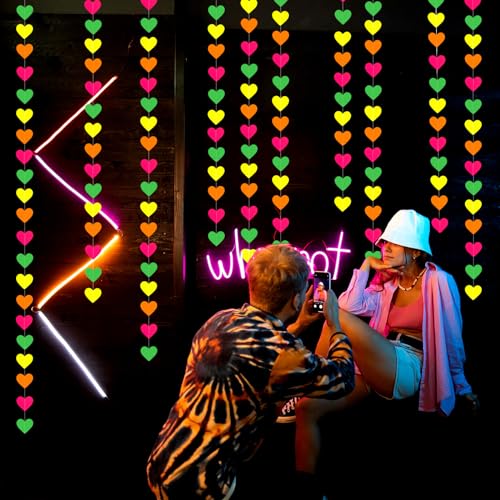 Image of UV Neon Party Decorations Valentines-Day Heart-Garland - 52ft Glow in The Dark 80s Hanging Streamers Banner,Girl Romantic Galentines Wedding Anniversary Baby Bridal Shower Engagement Decor Panduola