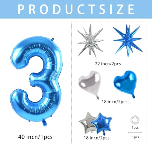 Image of TONIFUL 3rd Birthday Balloons Kit 40 Inch Blue Large Number 3 Foil Balloon | with 18Inch Helium Mylar Heart Star Shaped Balloons for Boy Men Birthday Anniversary Graduation New Year Eve Party Decoration