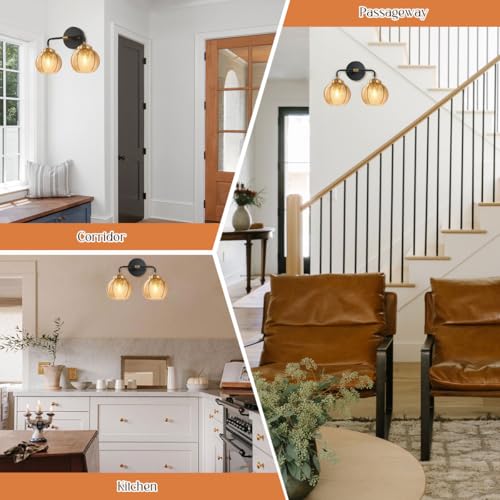 Image of Mid Century Light Fixture Bathroom Wall Sconce 2-Lights with Amber Ribbed Glass Shade Globe Wall Mount Light Modern Vanity Lights for Over Mirror Bedroom Hallway Overhead