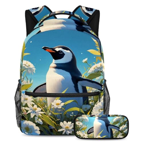 Sac à dos tendance adolescents avec trousse scolaire, motif pingouin et fleur coloré