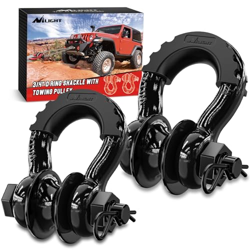 Image of Nilight 3 /4 inch D-Ring Shackle w /Snatch Block (2 Pack) 9,500 lb Working Load, 2-in-1 Heavy‑Duty Towing Pulley w /Isolator for Off‑Road Recovery, Winch Cable & Rope, Truck Jeep ATV UTV Tractor, Black
