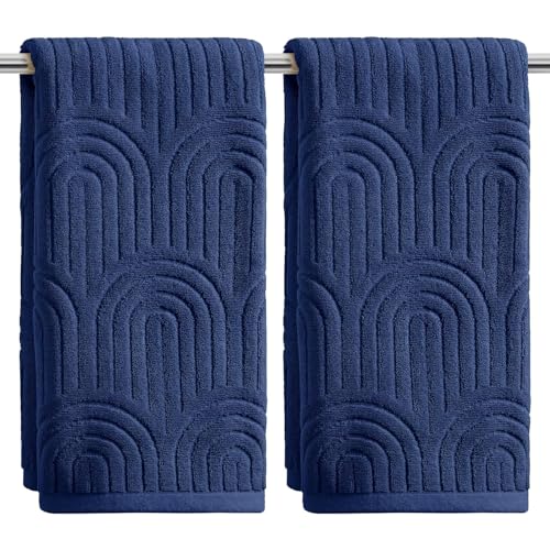 Artoid Mode 2 Pcs Navy Blue 3D Arched Stripes Jacquard Hand Towels for Bathroom 100% Cotton Soft Absorbent Bathroom Decor Towels 13.7 x 29.5 Inch