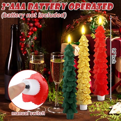 Image of Funtery 6 Pcs LED Christmas Tree Flameless Taper Candles Real Wax Battery Operated Candlestick Lights with 3D Flame and Remote Timer Window Fireplace(Red Green Gold,Christmas Tree)