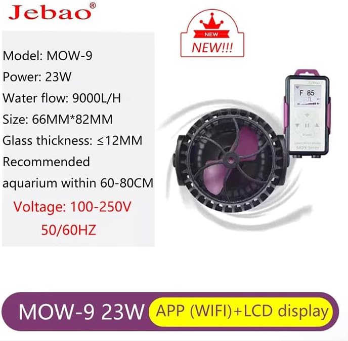 Close-up of the Jebao MOW-9 wave maker with text highlighting key features like LCD screen, smart control, quiet motor, 3D rotation, and mini size with strong power.