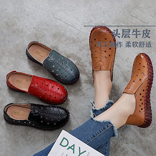 Image of Women's Leather Casual Cutout Loafers Flat Slip-on Shoes,Handmade Stitch Comfort Breathable Oxford Softsole Walking (7,Brown Hollow)