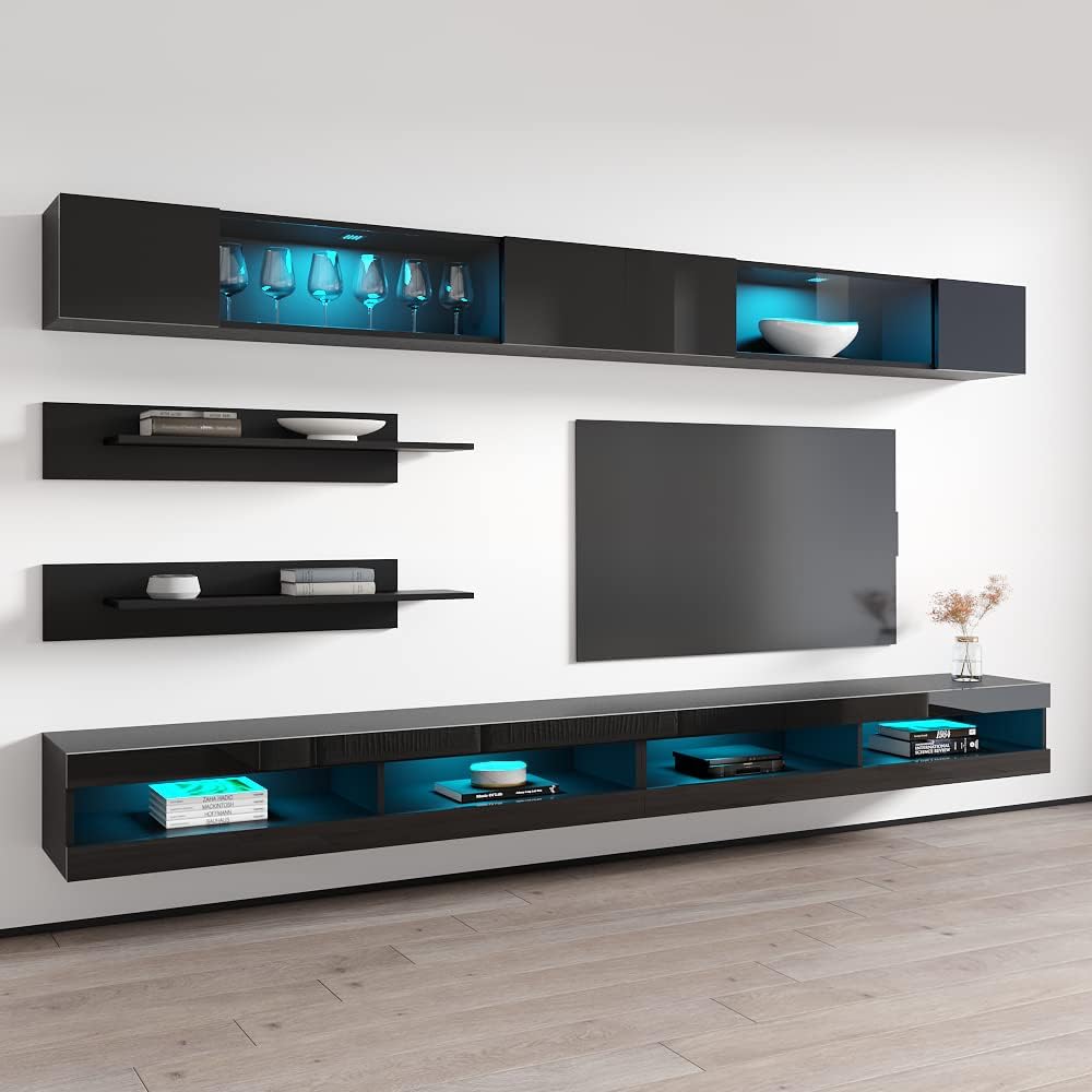 Meble Furniture Fly I1 34TV Stand Wall-Mounted Entertainment Center — Floating Modern TV Console with Storage, Shelves, and LED Lights — Engineered Wood, 59.1 x 15.7 x 13.8 in — Black