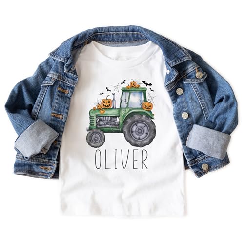 Personalized Kids Halloween Tractor T-Shirt - Custom Spooky Green Farm Tractor - Fun Halloween Shirt with Jack-o'-Lantern Pumpkins - Customizable with Child’s Name - Natural Toddler Youth Tee3