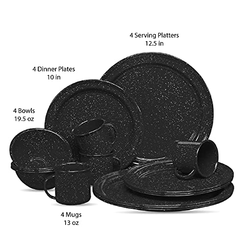 Cinsa 16 Piece Enamelware Dinnerware Set For 4. (Speckled Black) Includes Plates, Bowls, Coffee Mugs. Great For Indoor And Outdoors, Rv. Dishwasher Safe. #TOP6