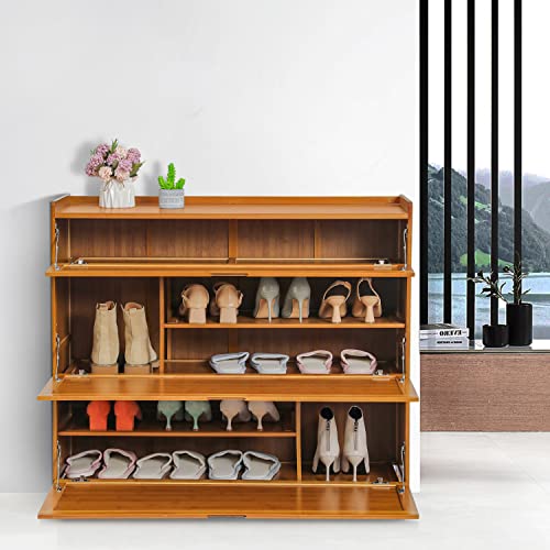 Monibloom Bamboo 5 Tier Shoe Storage Cabinet With Pull-Down Doors For Heels Sneakers Shoes Rack Organizer For 31-35 Pairs Entryway Hallway Living Room, Brown #TOP6