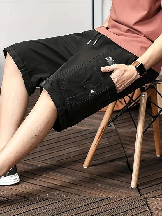 Image of Men's 100% Pure Cotton Cargo Shorts | Regular Fit Knee Length Utility Shorts with Multiple Pockets | Casual Outdoor Summer Wear Shorts for Men