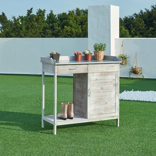 casa.pro Pflanztisch Aliano Gärtnertisch mit verzinkter Arbeitsplatte Gartenarbeitstisch mit Unterschrank Gartenregal Tannenholz Grau Outdoor...