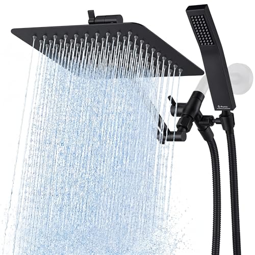 G-Promise All Metal 10' Dual Square Shower Head Combo | Rain Shower Head | Handheld Shower Wand | Adjustable | 3-Way Diverter | 71' Extra Long Hose - A Bathroom Upgrade (Matte Black)