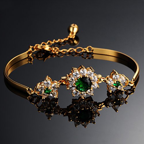 18K Yellow Gold Sparkling Green Rhinestone Halo Diamond Cut Aaa Cz Flower Bangle Bracelet For Women #TOP1