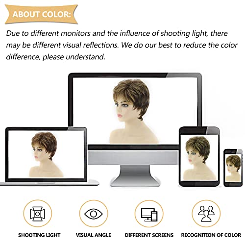 Sevencolors 0417 Short Dark Brown Mixed Blonde Pixie Cut Wigs For Women Synthetic Layered Highlight Wigs With Bangs Natural Hair Replacement Wigs thumb #5