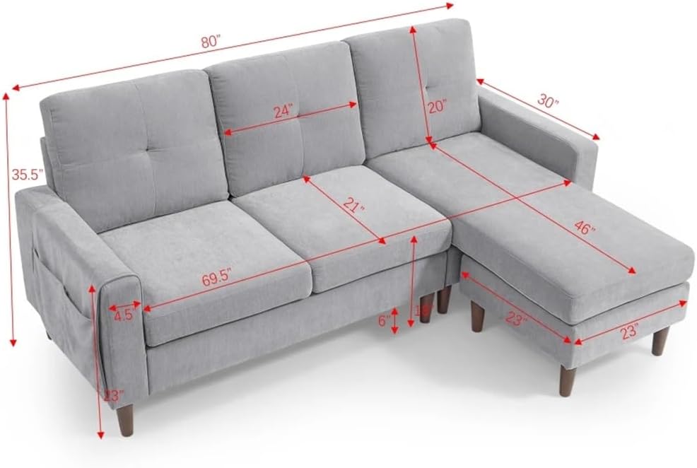 80” Convertible Sectional Sofa, 3 Seats L-Shape with Removable Cushions and Pocket,Rubber Wood Legs