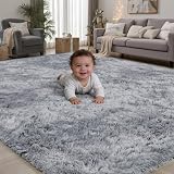 Area Rug for Living Room Bedroom: 9x12 Light Grey Soft Fluffy Shag Upgrade...