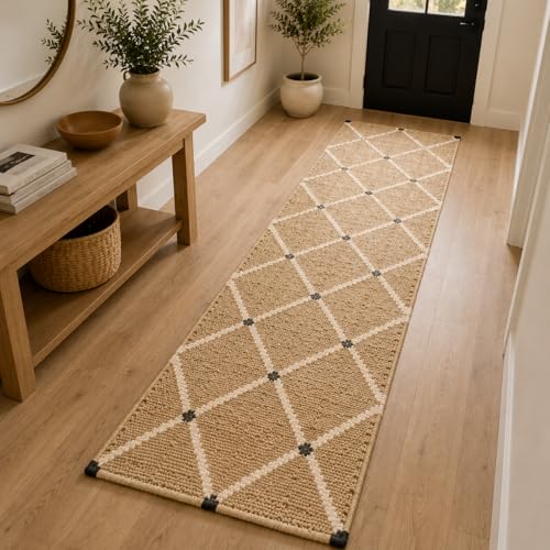 Jute Runner Rug 2.5'x8, Hand Woven Area Rug - Handcrafted Premium Geometric Design, Indoor Natural Fiber Hallway Jute Rug - Rustic Farmhouse Carpet for Kitchen, Entryway, Hallway, Bedroom - Natural