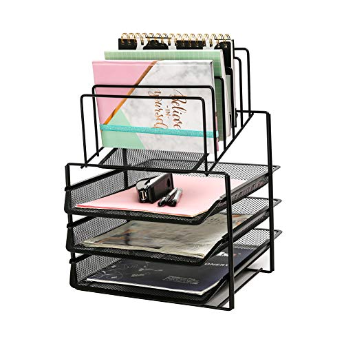 Exerz Desk Organizer 3 Layer Sliding Letter Trays with 5 Dividers - Upright Sections/Paper Sorter/Drawer/Desk Multifunctional File Holder for Office, School (Black)