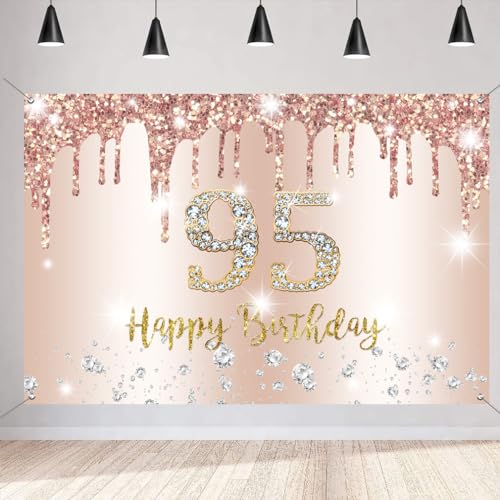 Happy 95th Birthday Decorazioni Sfondo Banner per donne Happy 95 Years Old Party Sign Poster Donna 95° Compleanno Oro Rosa Fotografia Sfondo 95° Compleanno Forniture per feste, 150 x 90 cm