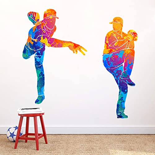 WOYINIS Colorful Baseball Player Wall Decals Sport Theme Baseball Wall Stickers Peel & Stick Colors Splash Wall Art Decor for Boys Teens Room Kids Bedroom Playroom Decoration