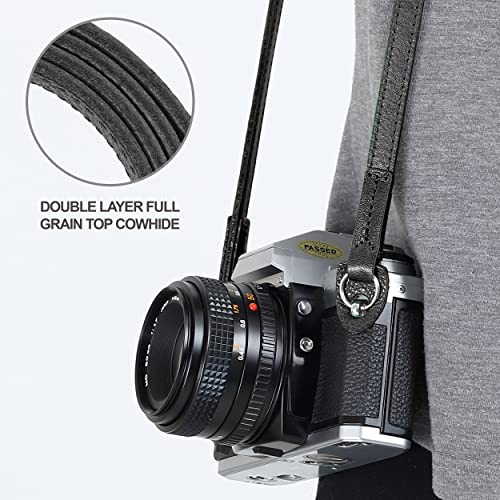 Padwa Camera Strap Set - 0.43" Black Full Grain Genuine Leather And 2" Blue Vintage Pure Cotton Jacquard Embroidery Woven Camera Straps For Photographers #TOP3
