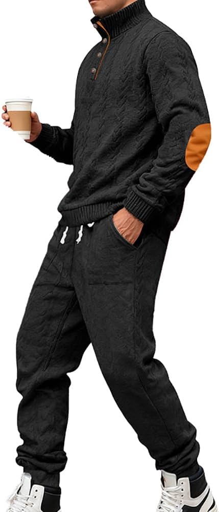 Men's Quarter Button Pullover Quilted Cable Stand Collar Quarter Button Knitted Elbow Patches Sweatshirt