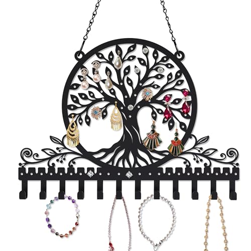 Personalized Tree of Life Wall Mounted Jewelry Organizer Metal Earring Holder Necklace Display Rack Decorative Jewelry Storage Hanger Space Saving Wall Decor for Bedroom Vanity Room Gift for Women