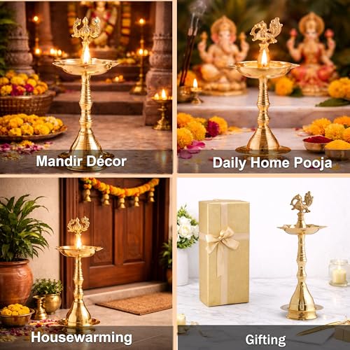 Image of Indian Art Villa Pure Brass Shine Finish Stand /Pillar Diya /Deepak /Lamp /Lantern with Peacock Design, Pooja, Home Decor & Diwali Gift Item, Height-16 Inches