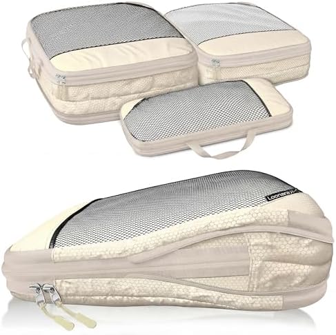 Compression Packing Cubes Set - Packwürfel Koffer Organizer Set Kompression | 20-30l, beige, 2x mehr Platz im Koffer & Rucksack, reißfest, wasserfestes Fach, Backpacking, Sightseei