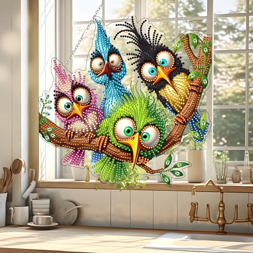 5D Diamond Art Hanging Kit for Adult,Special Shaped Rhinestone,Double Sided DIY Acrylic Diamond Art Painting Window Pendants Home Garden Wall Hanging Kits Hanging Ornament (Four Birds) by JJFox - Image 6