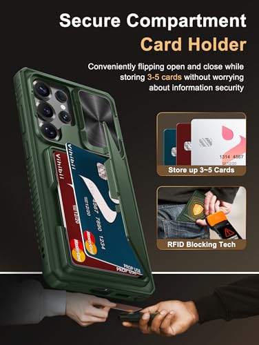 Image of Vihibii for Samsung Galaxy S25 Ultra Case with Card Holder (4 Cards), RFID Blocking & Slide Camera Cover, Military Grade Drop Protection, Rugged Hard Back & Silicone Edge Wallet Case, 6.9 inch 2025, Green