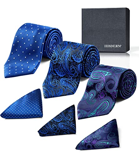 Image of HISDERN Mens Ties Extra Long Tie and Pocket Square Set 63 Inch XL Tie Pack Collection Present Box Necktie Lot 3 PCS