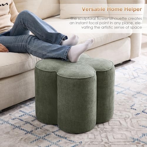 Image of Zesthouse Flower Pouf Ottoman Foot Rest Set of 2, Linen Fabric Poofy Ottoman Footstool for Couch, Modern Living Room Stool for Under Entry Table, Cute Square Vanity Stool for Bedroom Dorm, Green