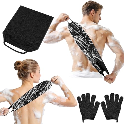 AYBUY Set de Guante Exfoliante Corporal de espalda, 3 Piezas Guante Exfoliante, 2 Guantes Exfoliantes y 1 Cepillos Ducha Grande con asas, Baño Accesorios Para Hombres,Mujer,Ducha,Spa,Masaje, Negro