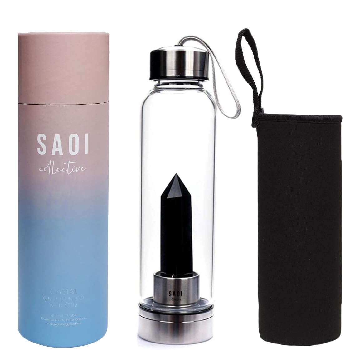 SAOI Crystal Water Bottle - Black Obsidian Gemstone Infused Elixir - Natural Wellness Healing - Glass/Stainless Steel