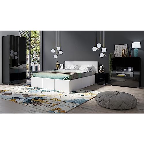 Lomadox Schlafzimmer Set 5-teilig mit Bett 160x200cm, 2 Nachttische, Kleiderschrank 2-TRG., Highboard in schwarz Hochglanz mit weißem Kunstleder Modern
