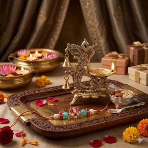 Image of Saudeep India Oxidized Metal Diya for Puja | Diwali Oil Lamp Peacock Design Perfect Gift | Antique Akhand Deepak Home Decor 14x9x20cm (Pack of 1 Diya with Bro Rakhi)
