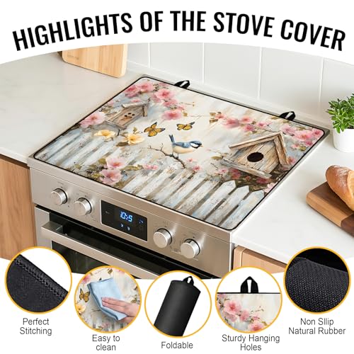 Image of NYZE Stove Cover for Electric and Glass Stove Tops 3-in-1 Stove Mat, Heat Resistant Counter Protector Mat, Non-Slip Surface & Drying Rack (Spring Birdhouse, 28.5 inchLx20.5 inchW)