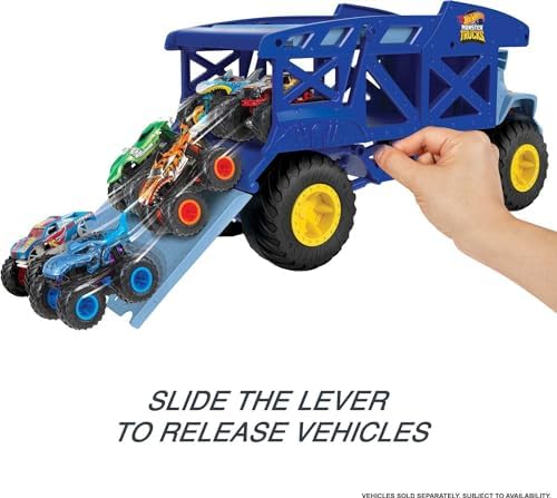 Hot Wheels Monster Trucks Transporter Nosorożec, zabawkowy transporter z rampą i miejscem na 12 pojazdów Monster Trucks w skali 1:64 lub 32 samochodzików HWs w skali 1:64, od 3 lat, HFB13