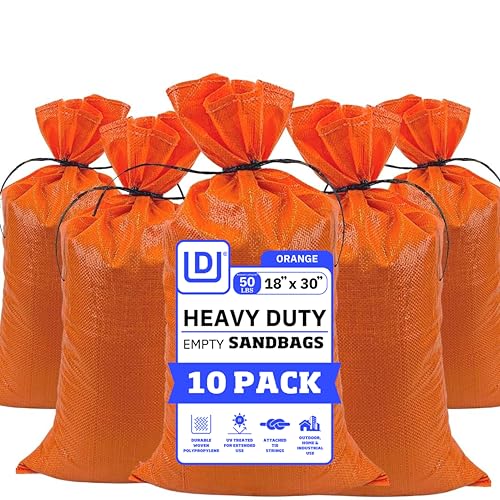 DURASACK Large Heavy Duty Sand Bags with Tie Strings Empty Woven Polypropylene Sandbags for Flood Control with 1600 Hours of UV Protection, 50 lbs Capacity, 18x30 inches, Orange, 10 Count