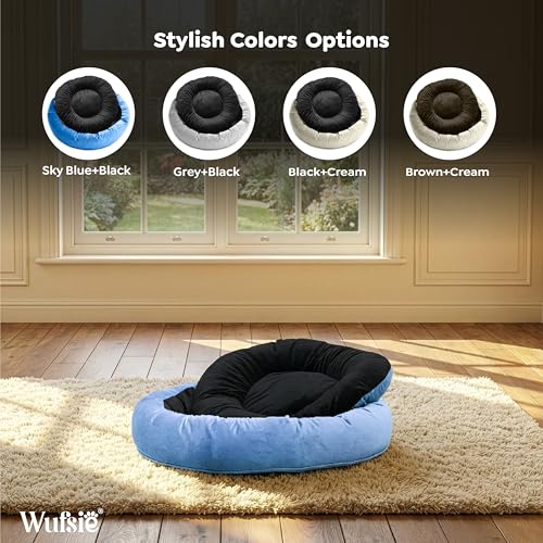Image of Velvet Dog Bed in Round Shape | Small 60 Cm | Premium Velvet Pet Bed for Cats and Puppies | Soft & Cozy Sleeping Bed for Dog with Removable Insert | Black & Sky Blue
