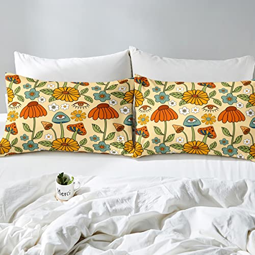 70S Groovy Flower Sheet Set Queen Size For Kids Boys,Boho Abstract Psychedelic Style Bed Sheet Retro Surreal Floral Eyes Pattern Bed Sheets Botanical Blossom Hippie Room Decor For Teens Girls #TOP4